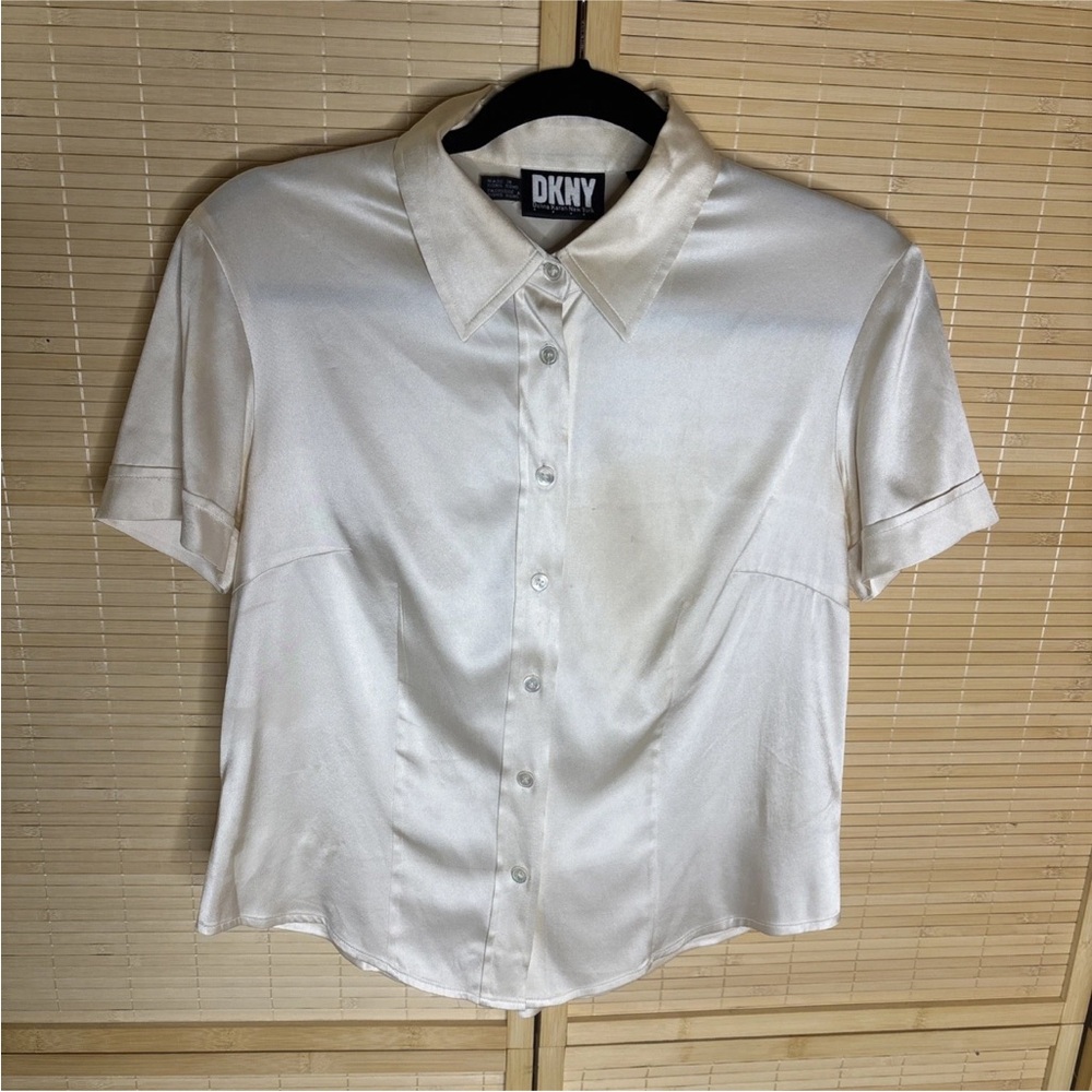DKNY Ivory Satin Short Sleeve Blouse